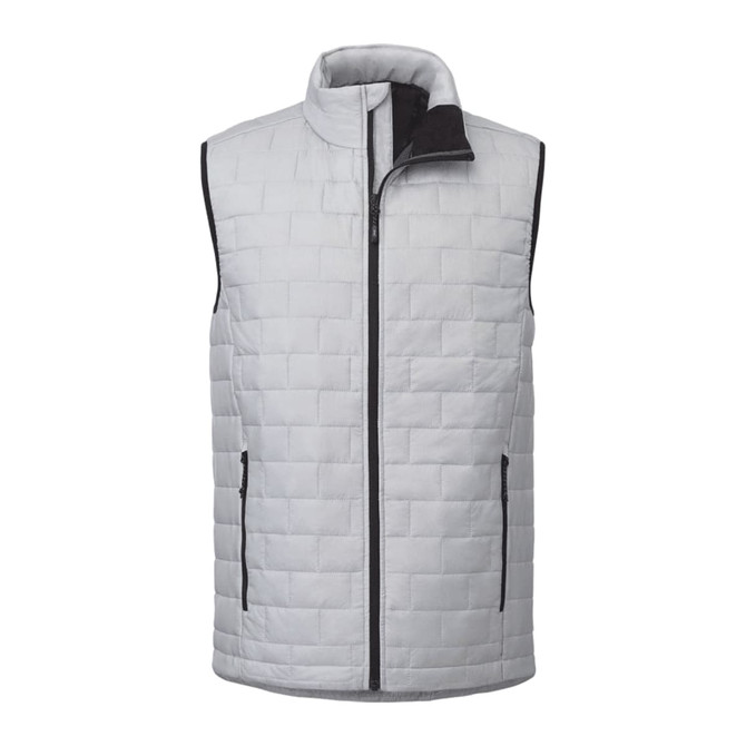 A lightweight, packable insulated puffer vest in light grey with black accents and a front zipper.