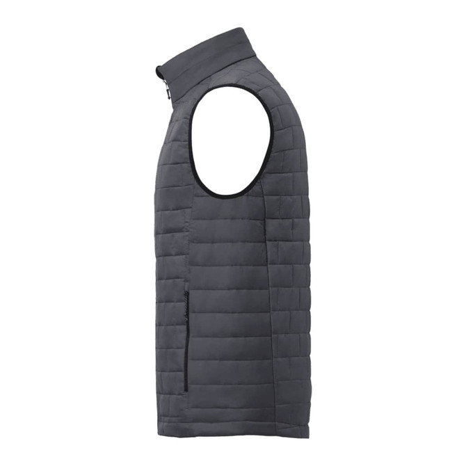 A men's lightweight packable insulated puffer vest in dark grey, featuring a side zipper pocket and a high collar.