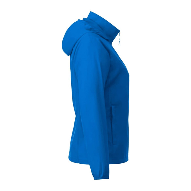 A women's packable rain jacket in a vibrant blue, featuring a hood and side zip pocket. Includes a logo.