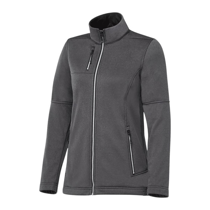 A women's softshell jacket in dark grey, featuring a zip front and two side pockets. The jacket has a logo.