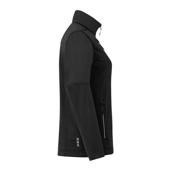 A black women's eco waterproof softshell jacket with a high collar and zippered pockets. It features a logo.