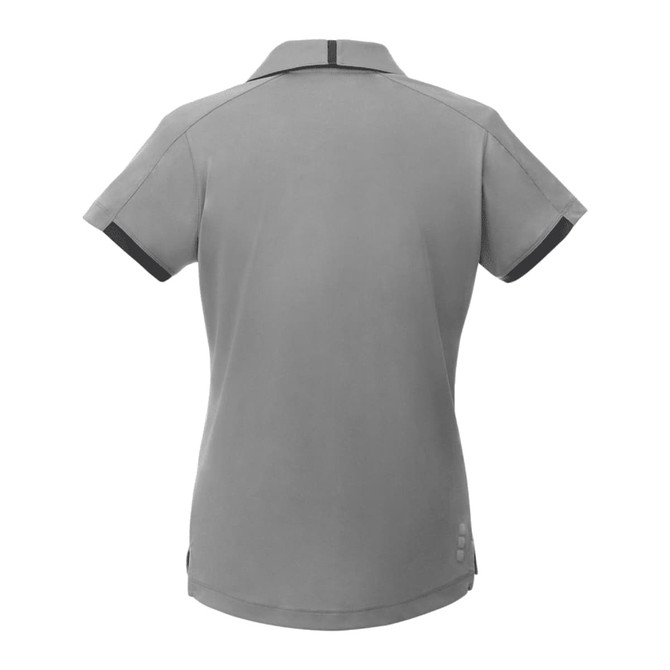 A grey women's performance polo with short sleeves and a collar, featuring contrasting trim and a logo.