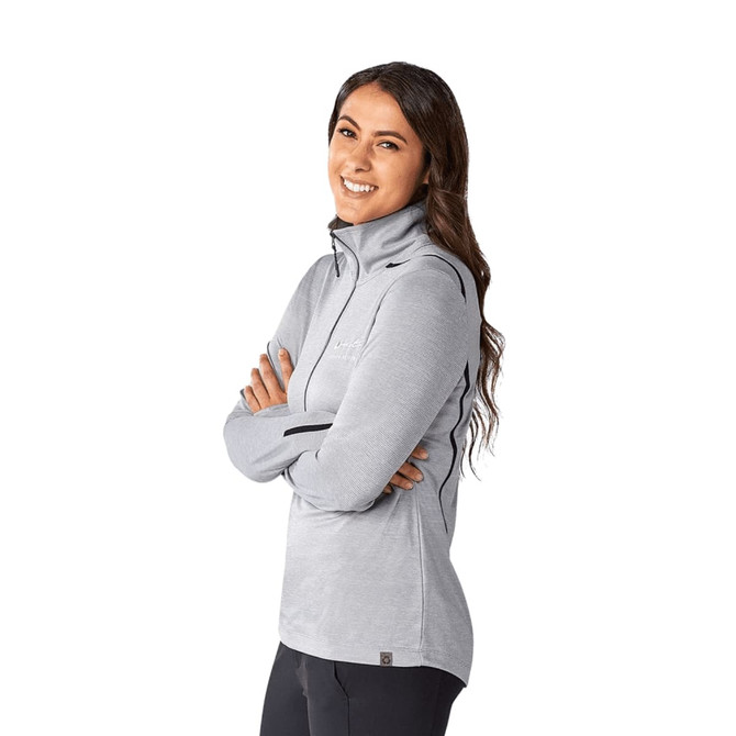 A light grey women's half-zip jumper featuring a high collar and a branding logo.