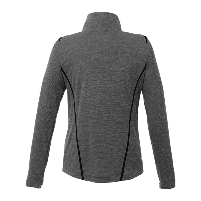 A grey women's half zip jumper with black detailing, featuring long sleeves and a mock collar. It has a logo.