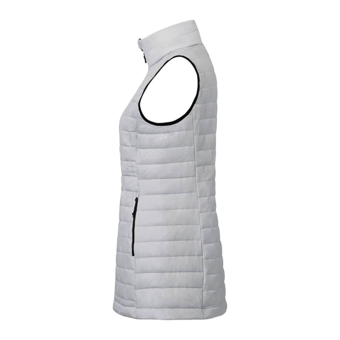 A lightweight packable insulated puffer vest in a light grey colour, featuring a high collar and side pockets.