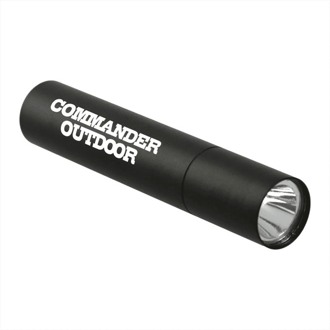 A black rechargeable flashlight with a silver front and a logo printed on its body.