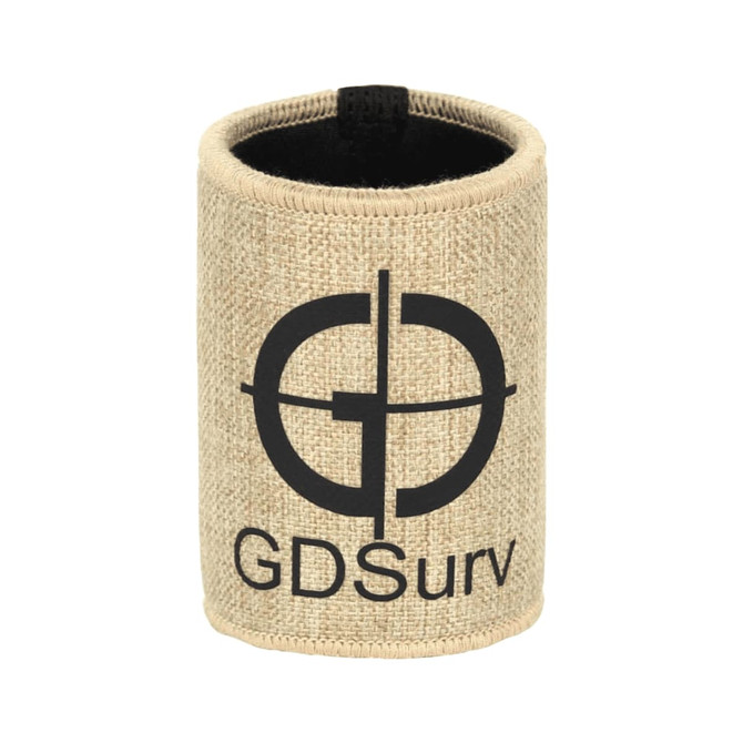 A jute stubby holder in natural beige with a dark logo on the front. Ideal for keeping drinks cool.
