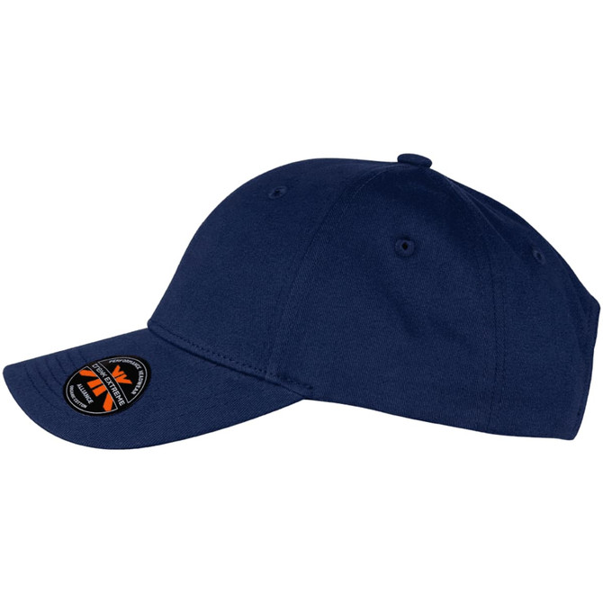 A navy blue organic cotton twill cap featuring a logo on the front.