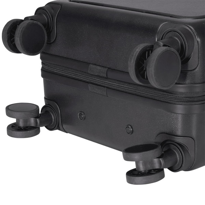 A black wheeled cabin trolley with smooth-rolling wheels and a sturdy zipper closure. It features a simple, sleek design.