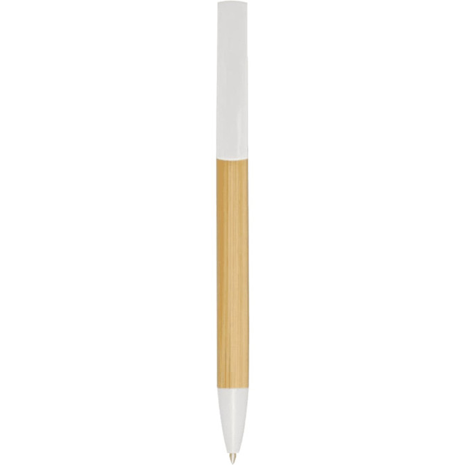 A pen with a bamboo body and white accents, featuring a logo on the surface.