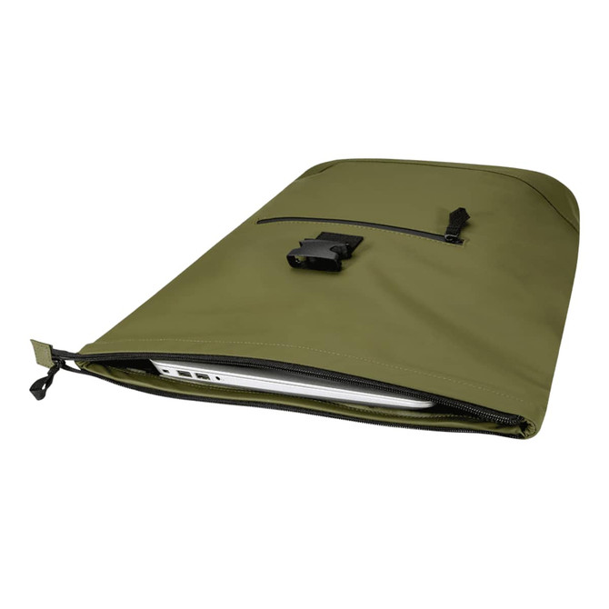 A green roll-top backpack features a front pocket and a zip closure, with a stylish clip and a logo.