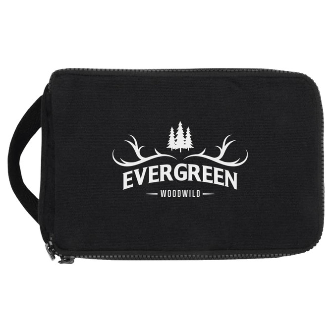 A black toiletry organiser with a zip closure and a logo featuring trees and antlers.