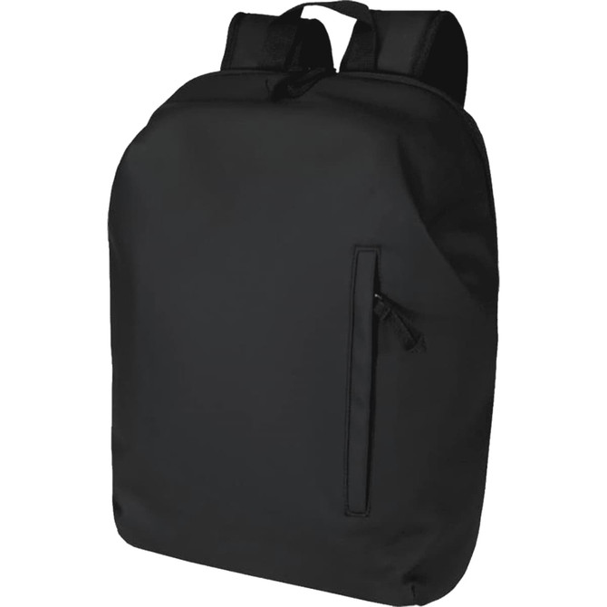 A sleek black recycled anti-theft backpack with adjustable straps and a side zip pocket, featuring a logo.