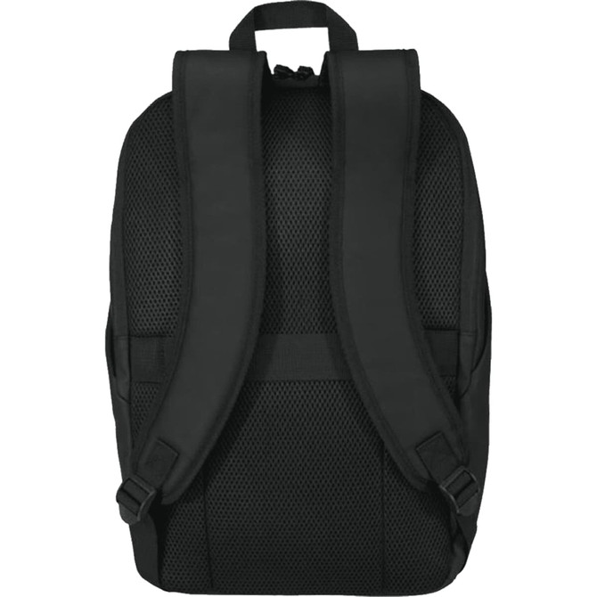 A black anti-theft backpack with padded, mesh shoulder straps and a spacious main compartment. Includes a logo.