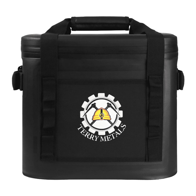 A black cooler bag with a sturdy handle and strap, featuring a logo on the front.