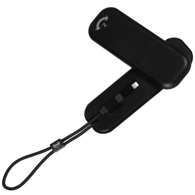 A black foldable charging cable with a wireless watch charger and a lanyard for easy carrying.