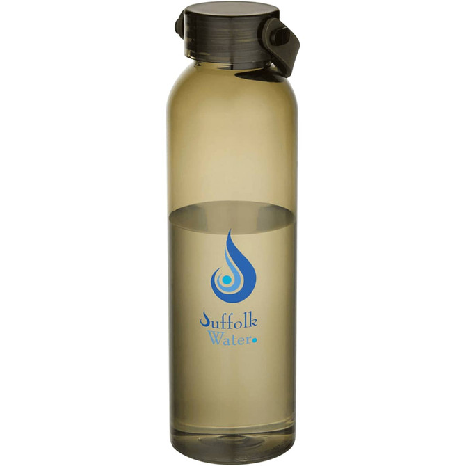 A drink bottle made from recycled plastic, featuring a grey tint and a logo on the front.