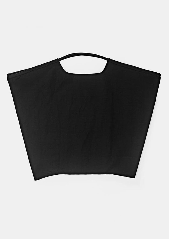A black nylon tote bag with a handle, featuring a simple design and a spacious interior.
