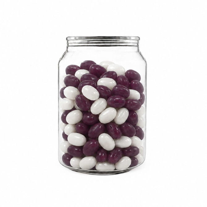 A clear can filled with purple and white jelly beans, featuring a metallic lid.
