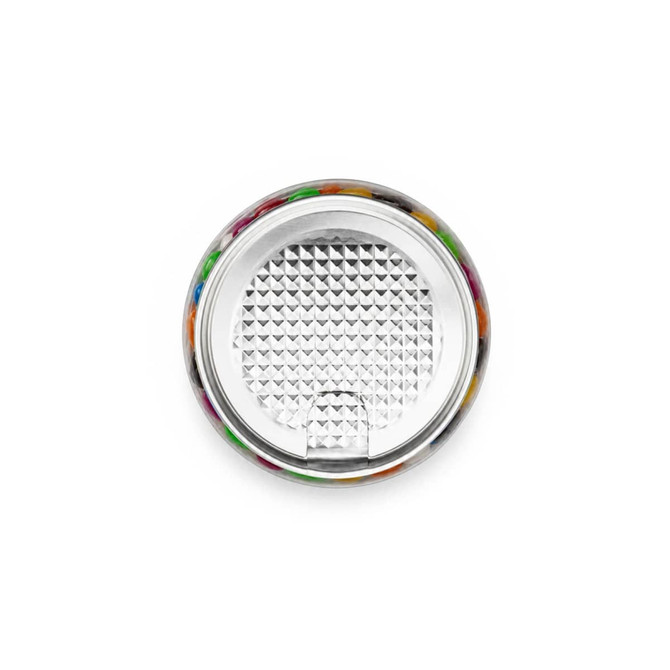 A clear can filled with assorted jelly beans in vibrant colours, featuring a textured silver lid.