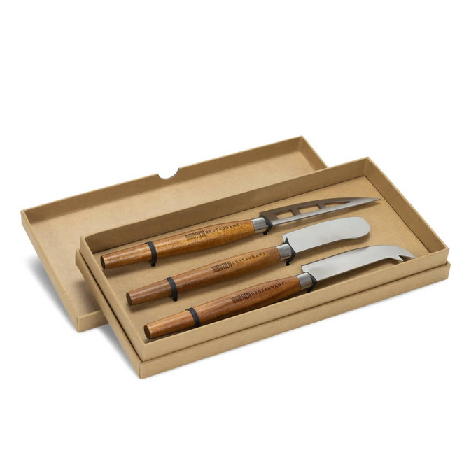 A set of three cheese knives with wooden handles and stainless steel blades in a cardboard box.