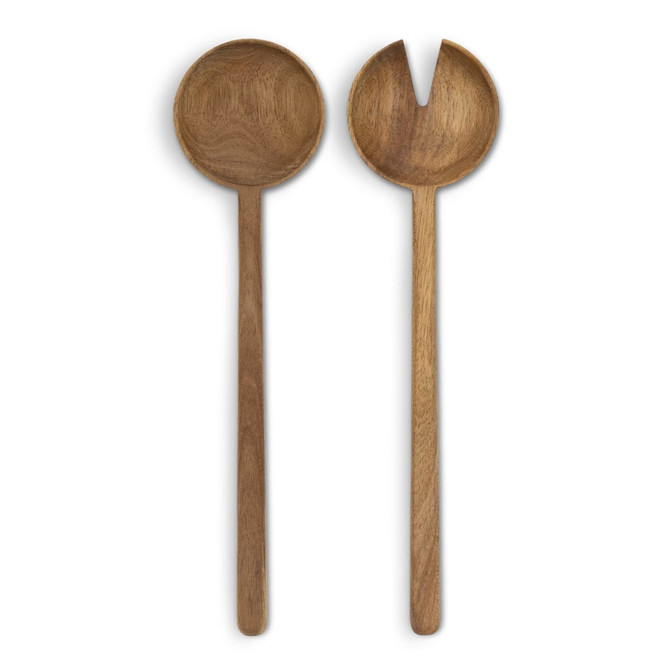 A set of wooden salad servers featuring a round spoon and a forked serving piece, both with long handles.