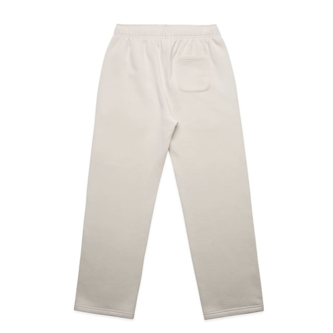 A pair of cream, cuffless track pants featuring an elastic waistband and a single back pocket.