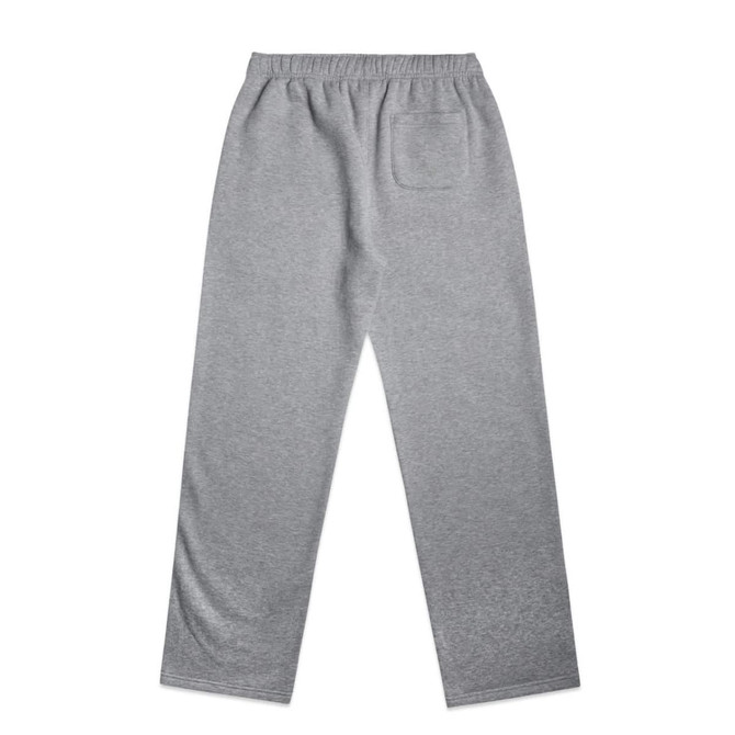 A pair of grey cuffless track pants with an elastic waistband and a back pocket. Features a logo.