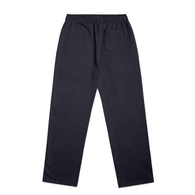 Cuffless track pants in dark navy with an elastic waistband and a back pocket, featuring a logo.