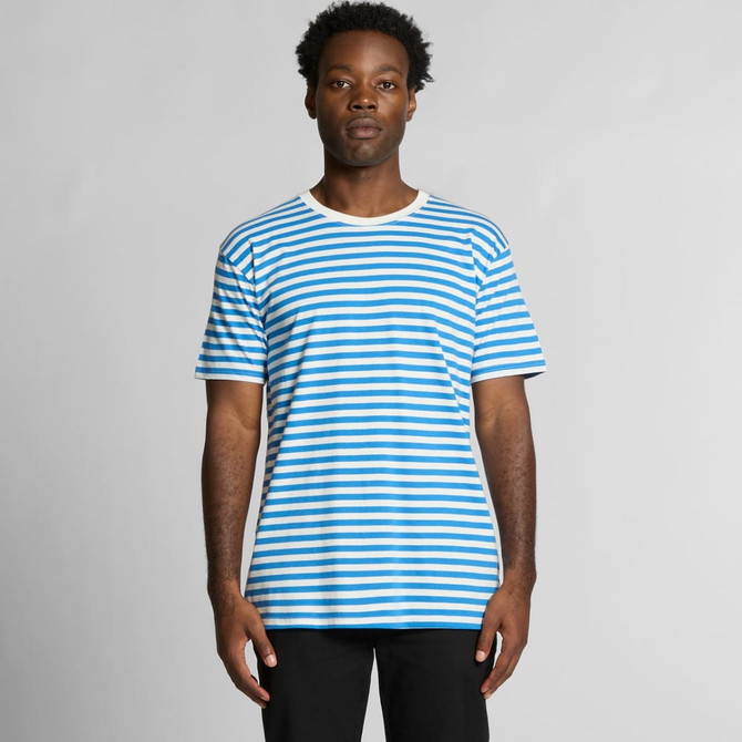 A striped T-shirt featuring blue and white stripes, with a classic crew neckline and a logo on the chest.