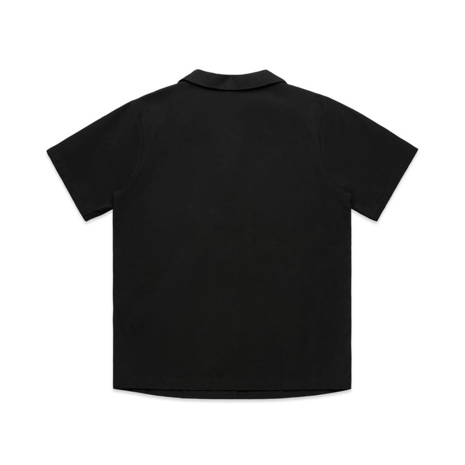 A black short-sleeved pyjama top with a collared neckline and a plain back. It features a logo on the label.