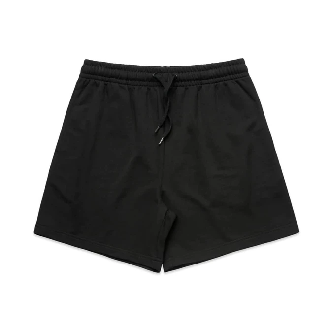 A pair of black sports shorts featuring an elastic waistband and drawstring.