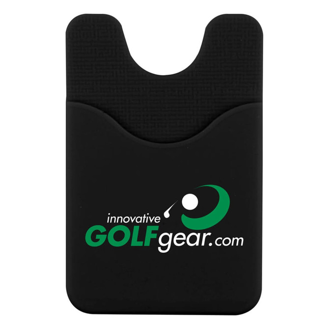 A black phone wallet featuring a curved top and a logo. The material has a textured finish.