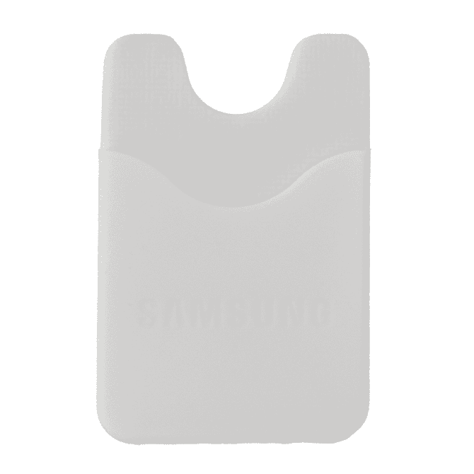 A sleek white phone wallet with a pocket designed for cards; features a brand logo on the front.