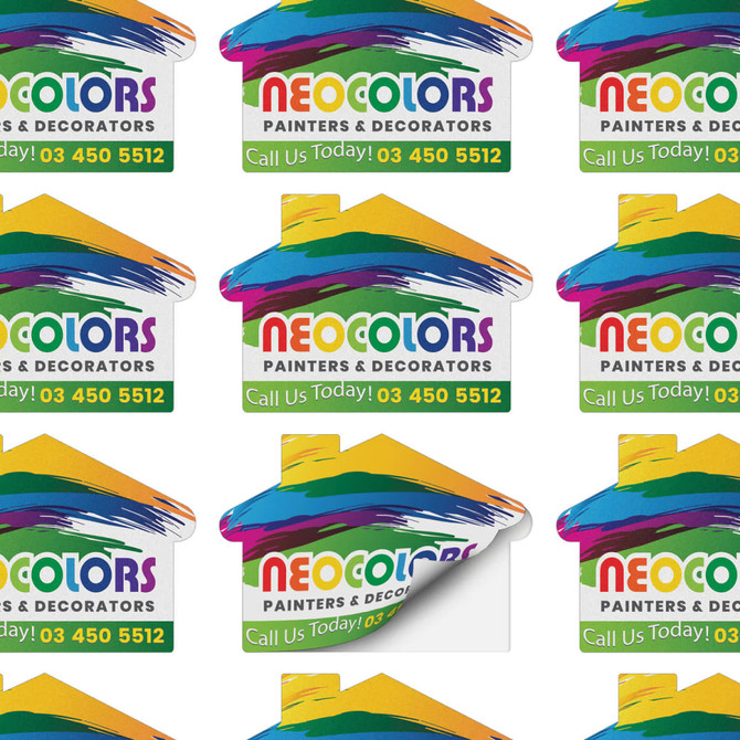 House-shaped stickers in vibrant colours, featuring a logo and contact details for a painting and decorating service.