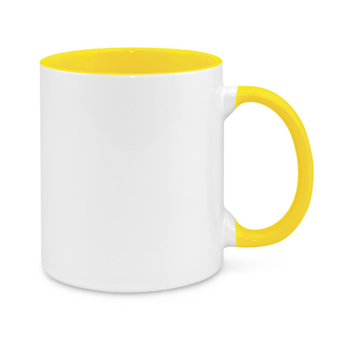 A coffee mug featuring a white exterior with a bright yellow interior and handle. It has a logo.