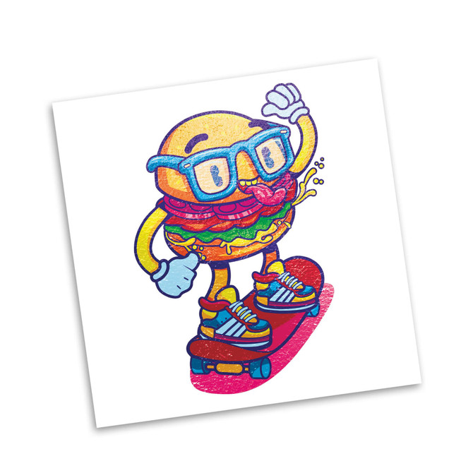 A square temporary tattoo design featuring a cartoon burger character on a skateboard, with vibrant colours.