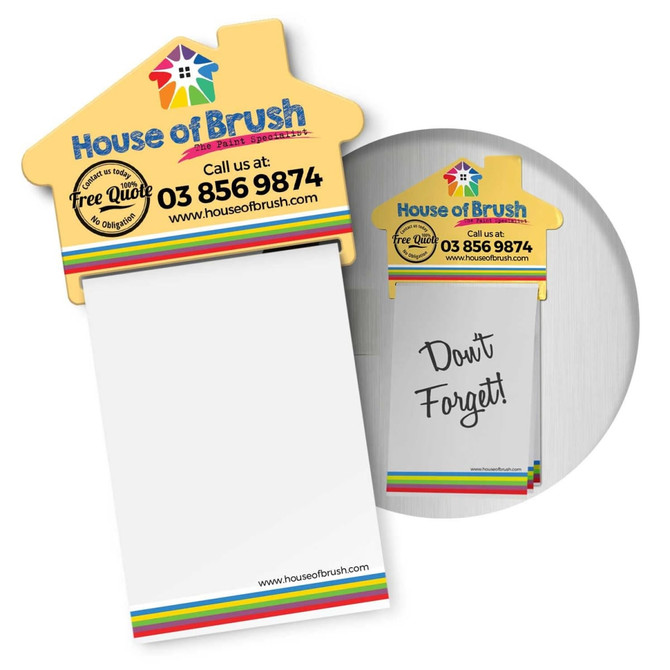A magnetic memo pad in the shape of a house, featuring colourful accents and a branding logo at the top.