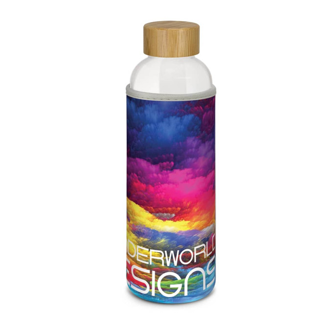 A drink bottle with a full-colour design featuring vibrant hues of pink, purple, blue, and yellow, topped with a bamboo lid.