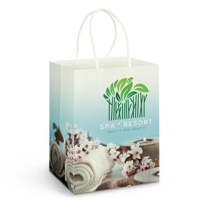A large, full-colour paper carry bag with a graphic design, featuring a logo and a light green gradient.