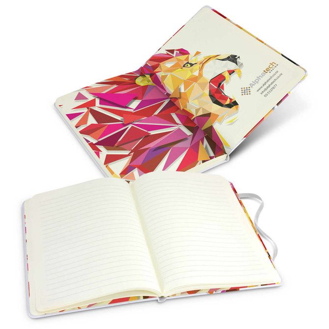 A full-colour notebook featuring a geometric lion design on the cover and lined pages inside. Includes a logo.