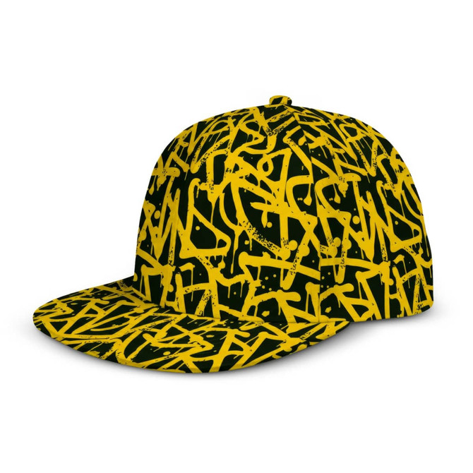 A flat peak cap featuring a vibrant yellow and black abstract pattern, with a branded logo.