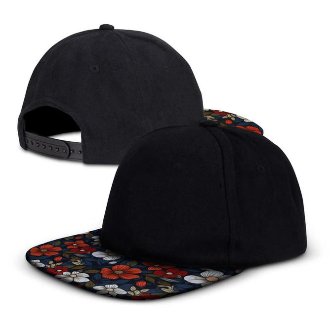 A black flat peak cap featuring a floral patterned brim and an adjustable strap at the back. It includes a logo.