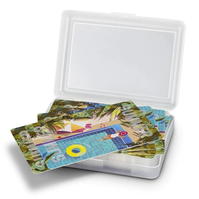A gift case containing a set of colourful playing cards featuring a vibrant poolside design.