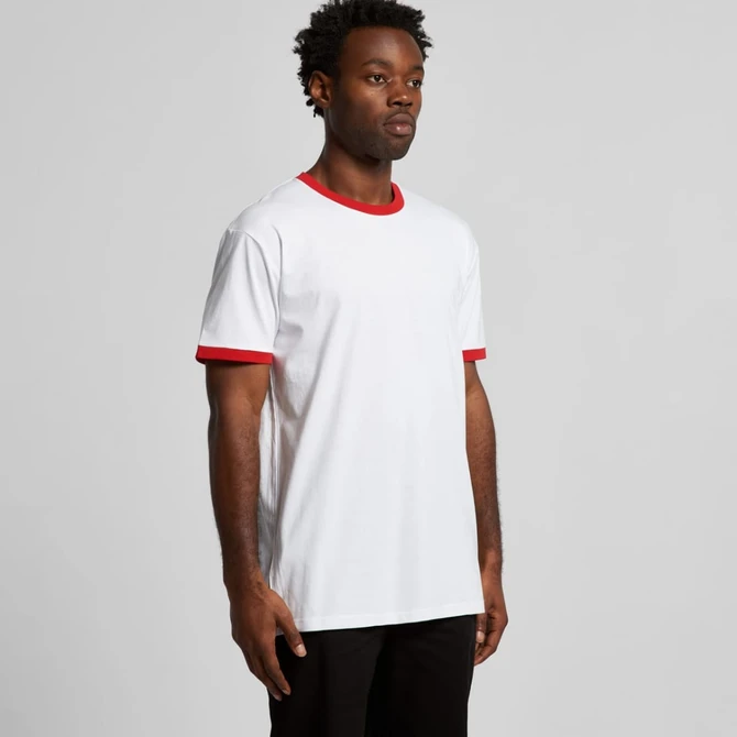 A white t-shirt with red trim and short sleeves. It features a logo on the front.
