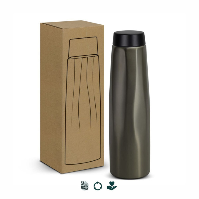 A drink bottle in matte olive green, featuring a black lid, next to a cardboard box with a simple design.