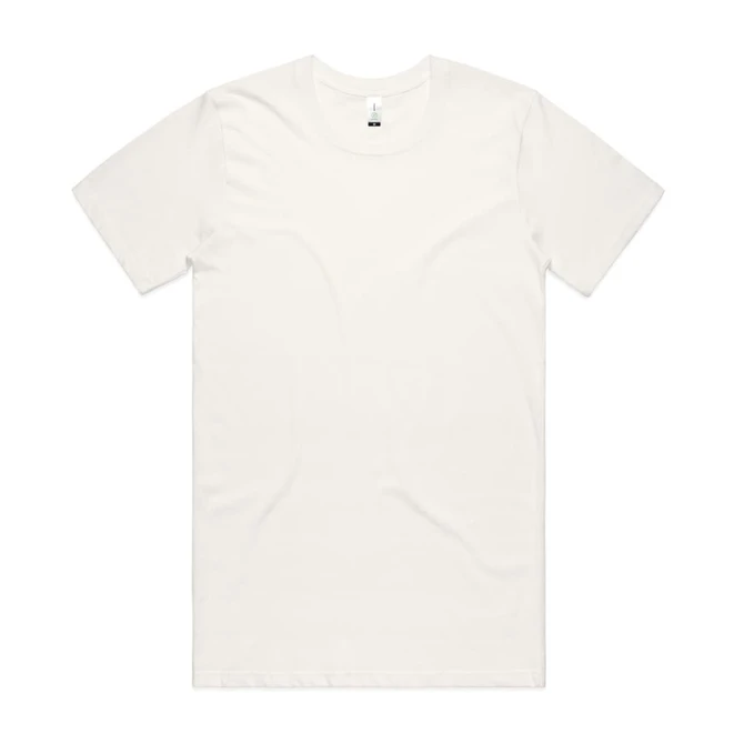 A plain white organic t-shirt featuring a logo on the inner label.