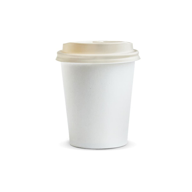 A white compostable paper coffee cup with a beige lid, suitable for 230ml beverages. The cup features a logo.