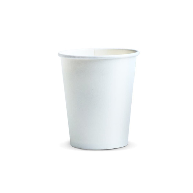A white compostable paper coffee cup with a smooth surface, designed for hot beverages, featuring a simple, unbranded design.