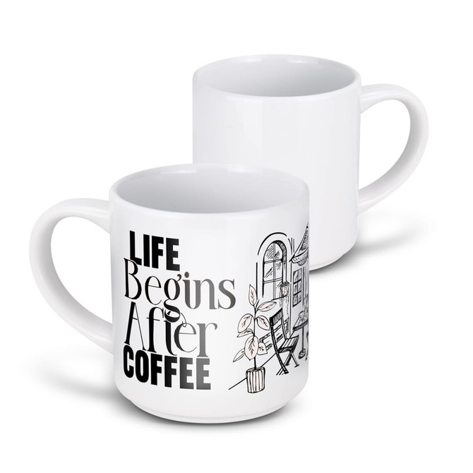 A stackable white coffee mug with a decorative black illustration and text on one side.